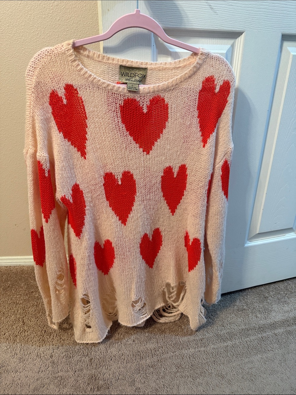 Wildfox Cream Sweater with Red Heart Motif